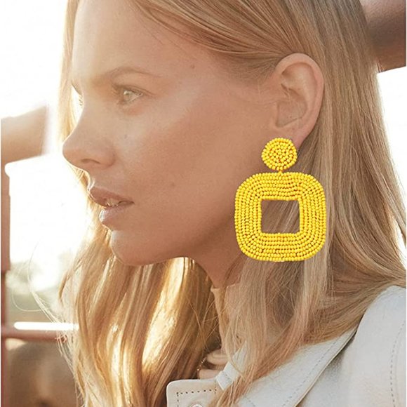 Oversized Yellow Handmade Beaded Dangle Earrings Post New Handcrafted Summer - Picture 1 of 5